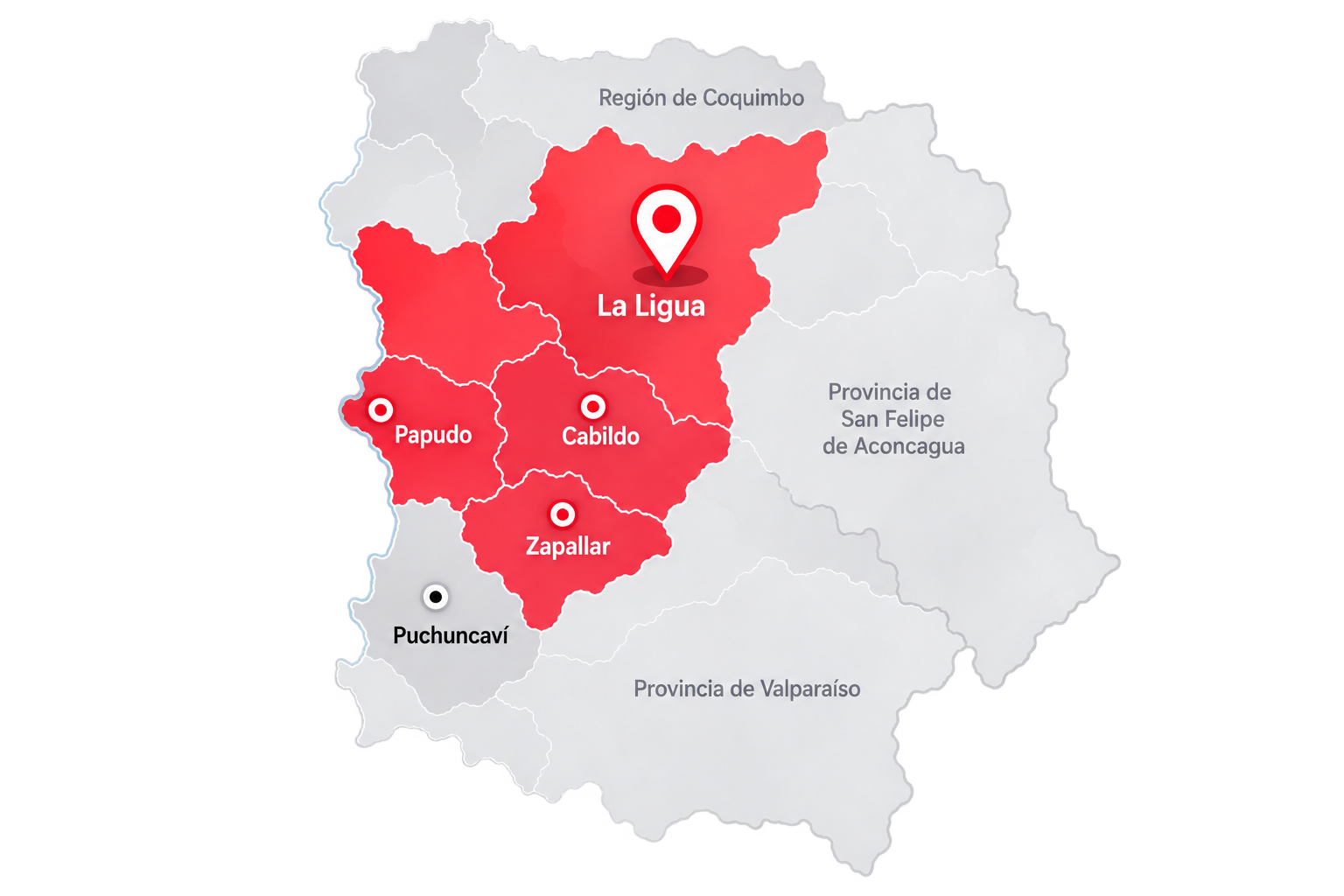 Mapa de cobertura en La Ligua y zonas de la provincia de Petorca